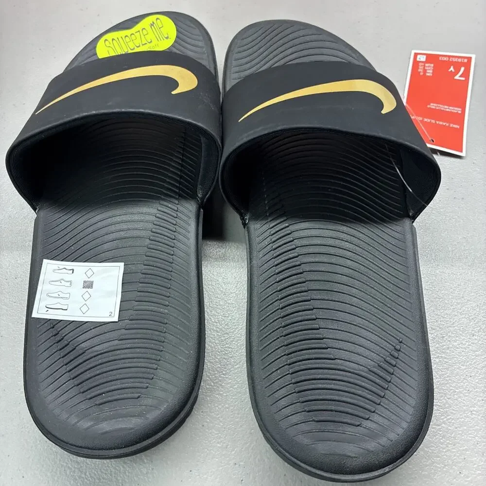 Nike Kawa Slide (GS) Sandals Slides Slip-On Black Gold Boys Size 7 NEW WITH Box